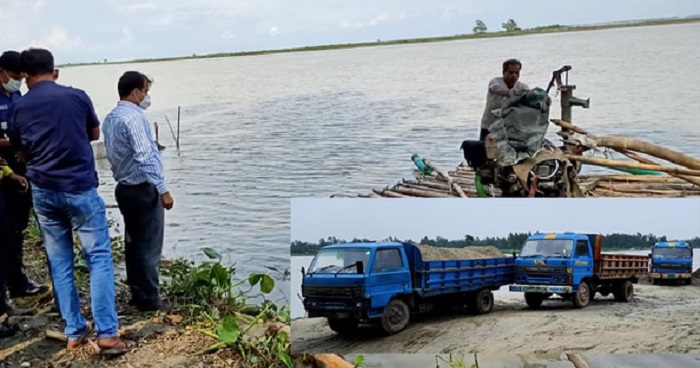 সারিয়াকান্দিতে অবৈধভাবে বালু উত্তোলনের ট্রাকসহ ড্রেজার মেশিন জব্দ